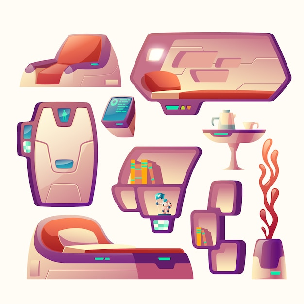 Free Vector cartoon set with futuristic objects for spaceship 