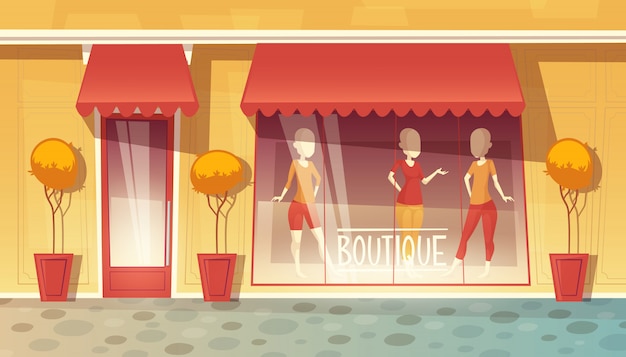 Free Vector cartoon shop-window of boutique, clothing market. commercial mall with trees in vases