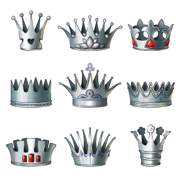 Free vector cartoon silver royal crowns set