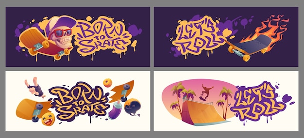 Free vector cartoon skateboarding horizontal banners set