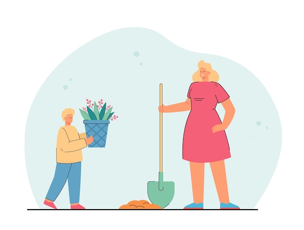 Free Vector cartoon son with potted plant and mother with shovel. woman and boy planting flowers in garden together flat illustration