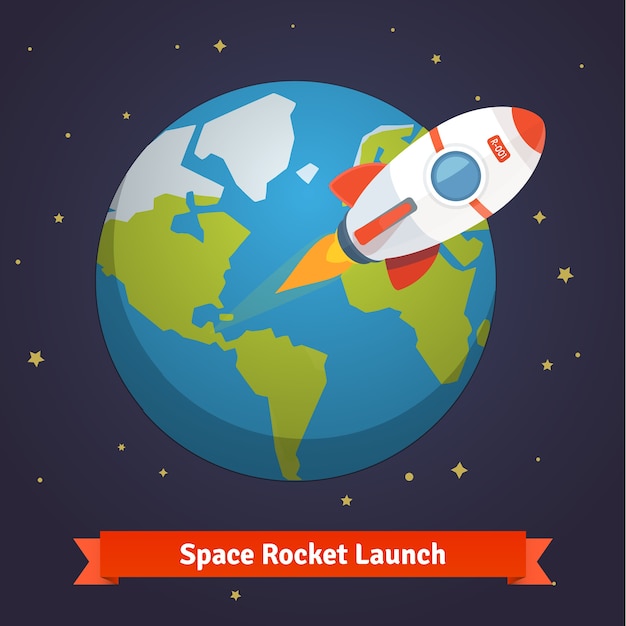 Free vector cartoon space rocket leaving earth orbit