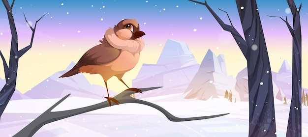 Cartoon sparrow bird sitting on branch at wild nature wintertime background with falling snow bare trees and mountain peaks Cute birdie with brown feathers at winter landscape Vector illustration