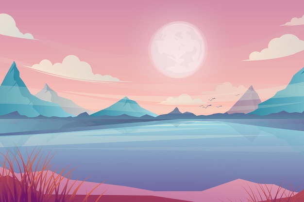 Cartoon of spring summer beautiful scene, scenic blue lake and Sunrise Over mountains