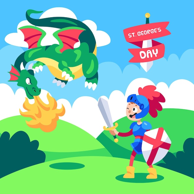 Cartoon st. george's day illustration with dragon and knight