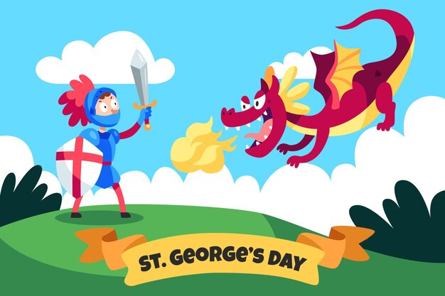 Cartoon st. george's day illustration with dragon and knight