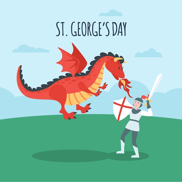 Cartoon st. george's day illustration with dragon and knight