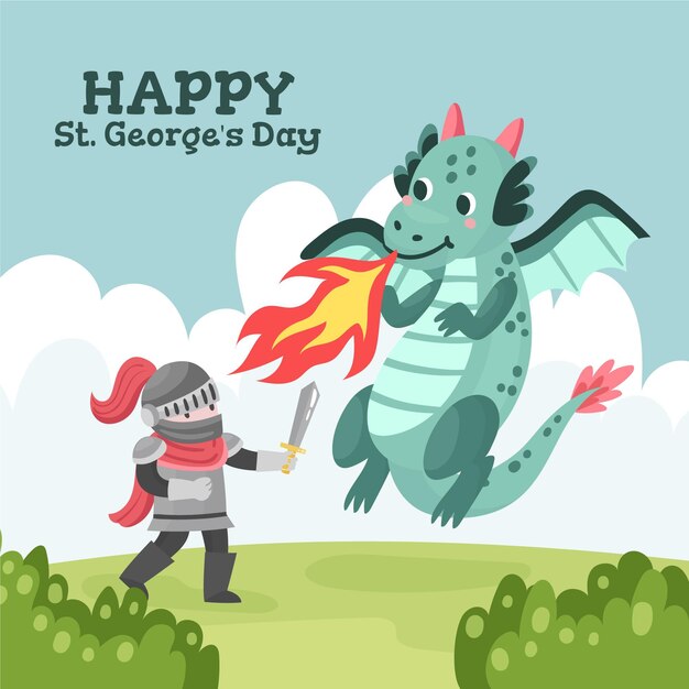 Cartoon st. george's day illustration with knight and dragon