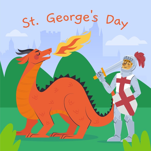 Cartoon st. george's day illustration with knight and dragon