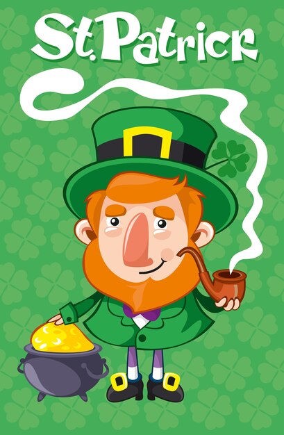 Cartoon St Patrick Day poster with leprechaun smoking pipe and cauldron with gold coins on green clover background vector illustration