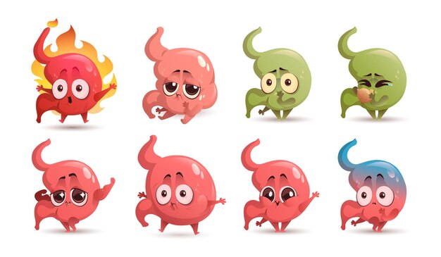 Cartoon stomach character cute healthy and unhealthy mascot heartburn stomachache nausea and vomiting swollen and happy abdomen organ demonstrate power health care and medicine  icons set