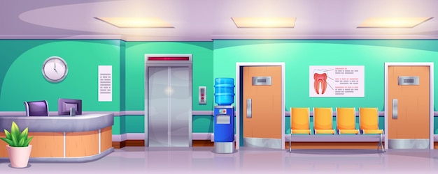 Free Vector cartoon stomatology clinic or hospital interior of empty dental hall or waiting room with chair elevator reception and doctor office doors tooth treatment oral care and teeth hygiene concept