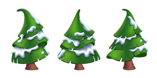 cartoon style Christmas trees with snow isolated on white