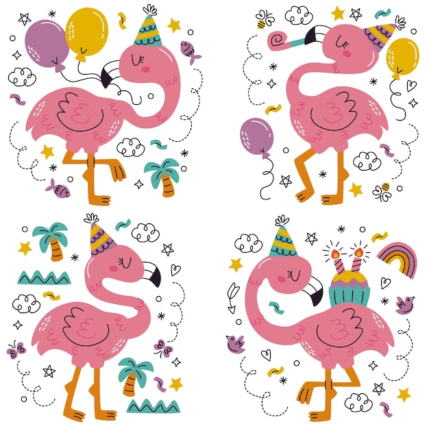 Free vector cartoon style flamingo sticker set