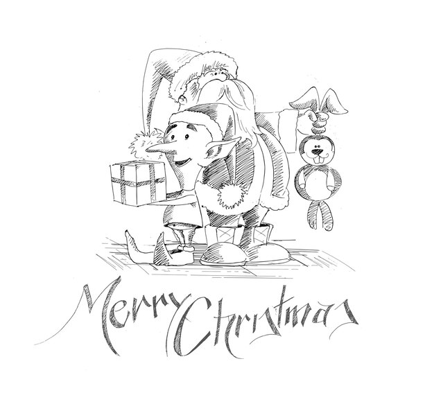 Cartoon Style Santa Claus Snowman with Bunny Gift Pack. Merry Christmas.