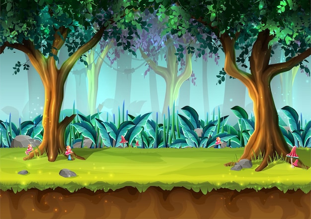 Free vector cartoon style seamless mystery rainforest with trees and mushrooms illustration