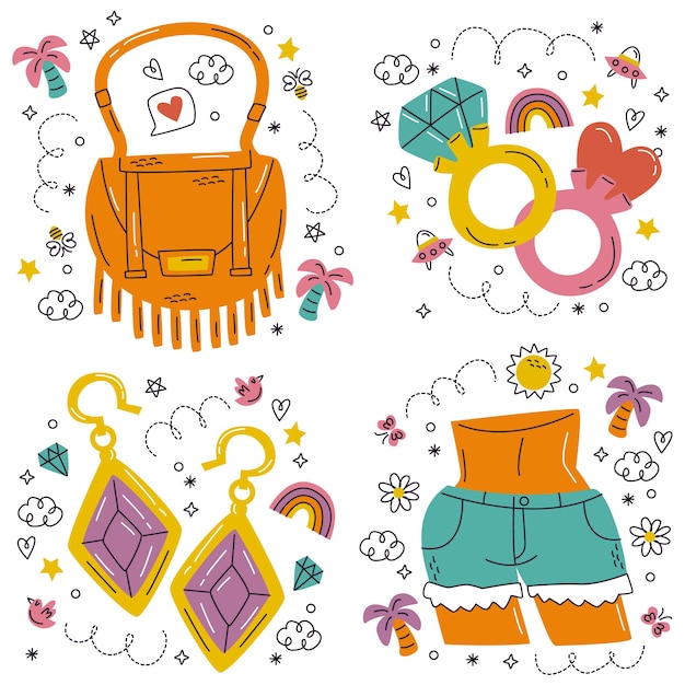 Cartoon style sticker set of shopping items