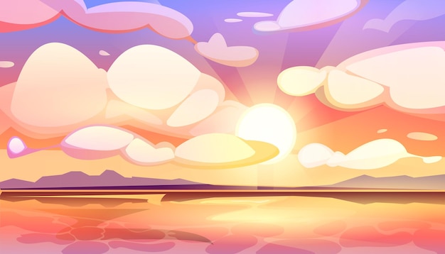 Free vector cartoon sunset or sunrise gradient sky with clouds and sun