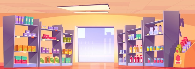 Free Vector cartoon supermarket aisle with large window