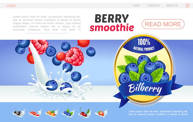 Cartoon sweet natural smoothies webpage template with raspberry bilberry cranberry currants cherry gooseberry in milk splashes and blueberry label