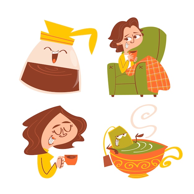 Free Vector cartoon tea and coffee time sticker collection