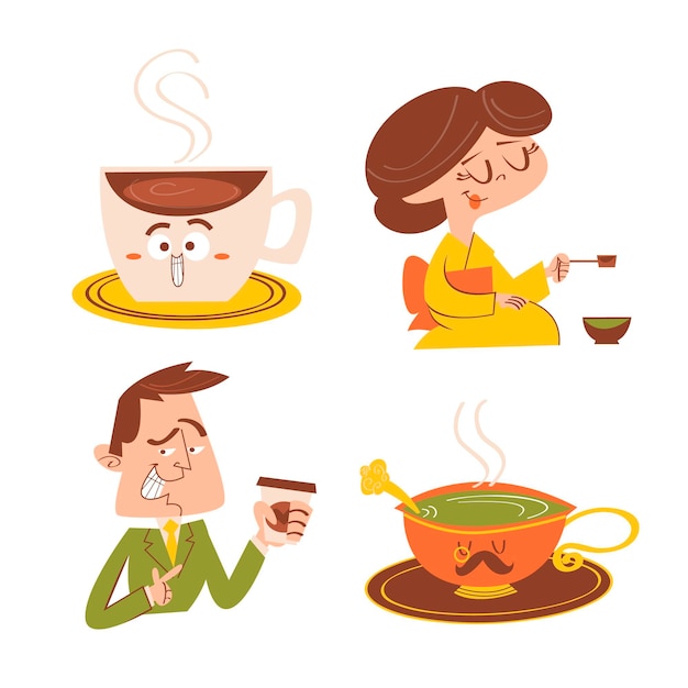 Cartoon tea and coffee time sticker set