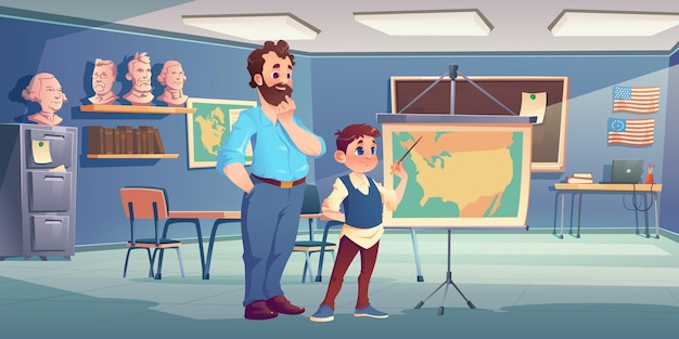 Free Vector cartoon teacher and schoolboy at geography lesson