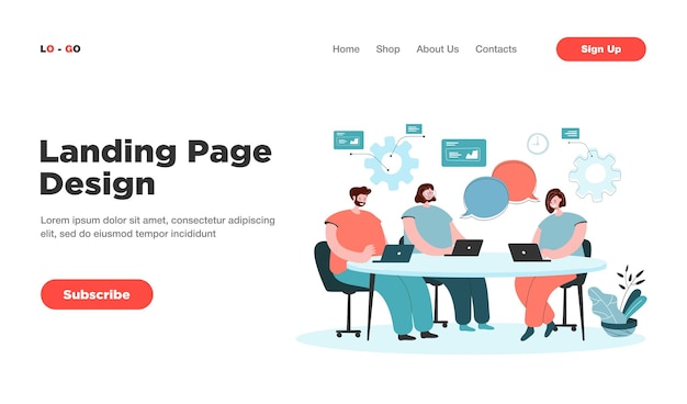 Free vector cartoon team coworking process landing page.
people characters with laptops sitting around table, chatting landing page