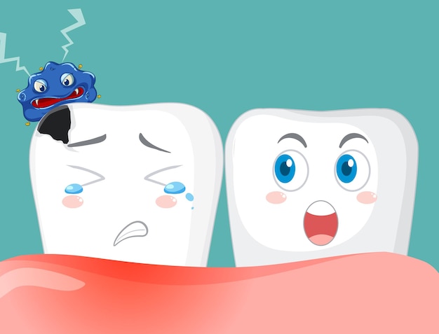 Cartoon teeth decay with bacteria on blue background