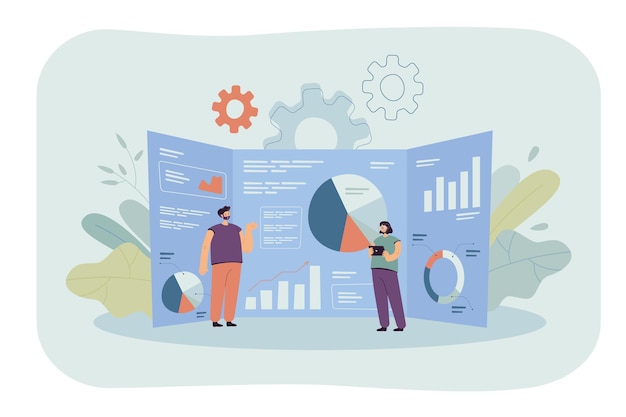 Cartoon tiny analysts and giant research dashboard with data. Flat illustration.