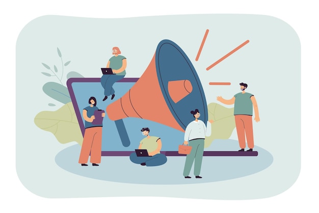 Free Vector cartoon tiny managers with giant loudspeaker and laptop. flat illustration.