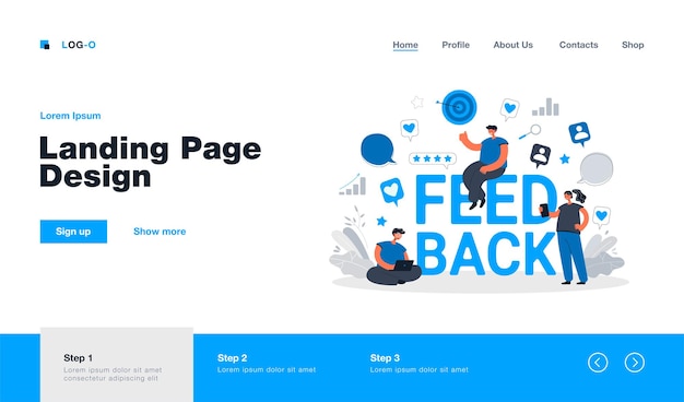 Cartoon tiny people getting or giving feedback online landing page in flat style