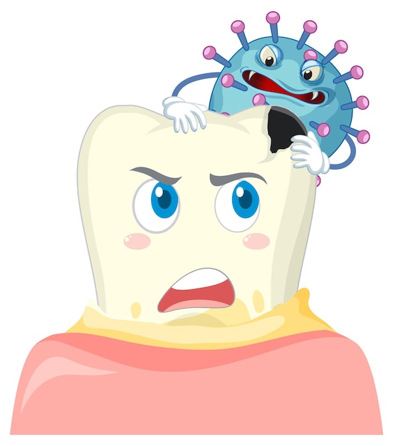 Cartoon tooth decay with bacteria on blue background