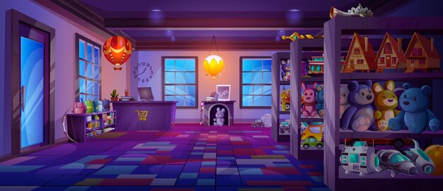 Cartoon toy shop with furniture and goods on shelves at night Vector illustration of dark store room with backpacks teddy bears cars rockets books houses air balloons computer on cash desk