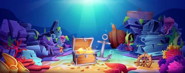 Cartoon underwater world with open pirate treasure chest