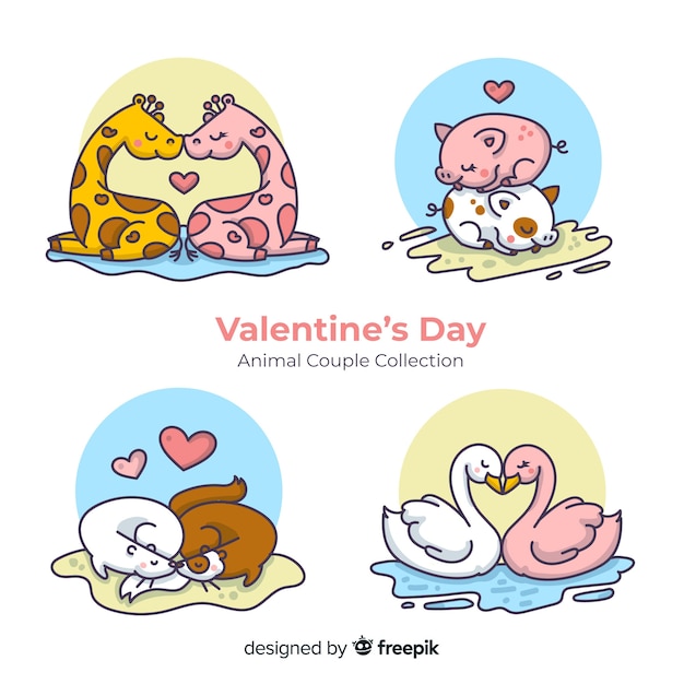 Cartoon valentine animal couple set