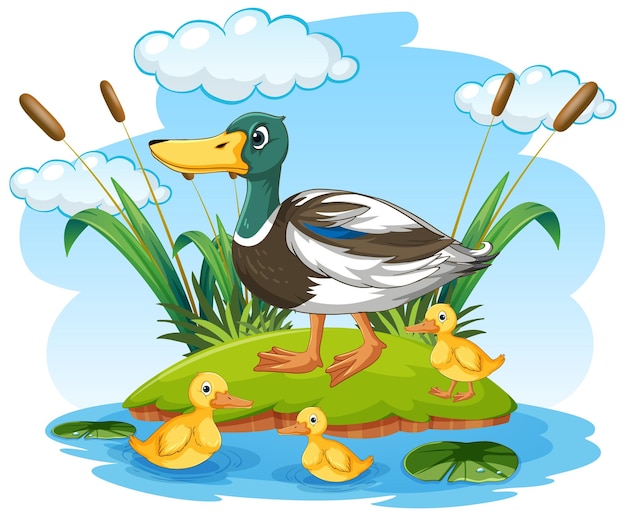 Cartoon wild duck with duckling