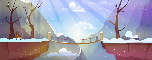 Free Vector cartoon winter landscape with mountains suspension bridge above precipice between cliffs