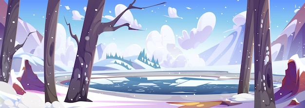 Free Vector cartoon winter snowy landscape with lake in forest