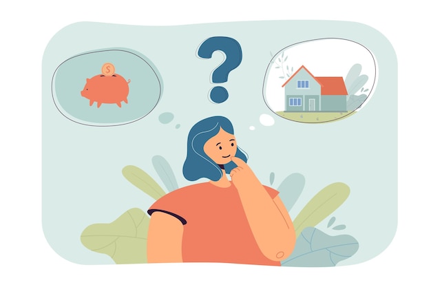 Cartoon woman choosing between saving money and buying house