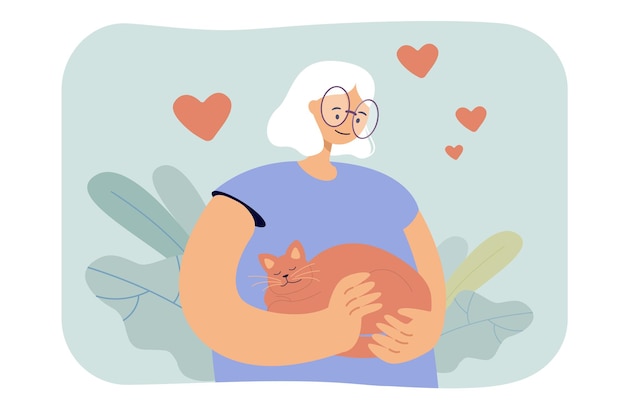 Free Vector cartoon woman hugging cat affectionately. flat illustration