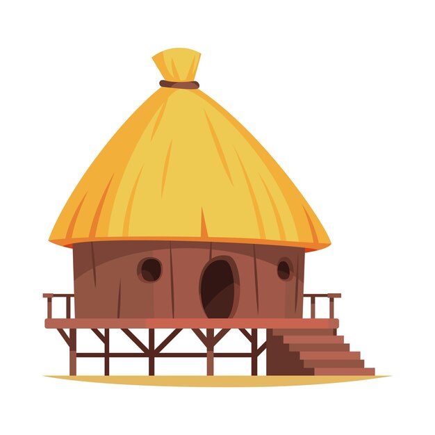 Cartoon wooden hut with straw roof on white