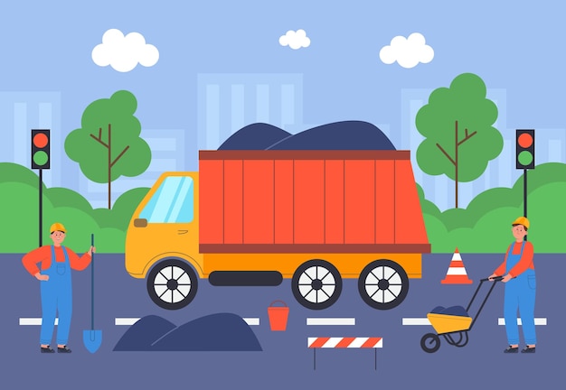 Cartoon workers paving road on highway. Engineers repairing asphalt at site, men in uniform at work flat vector illustration. Construction, repair concept for banner, website design or landing page