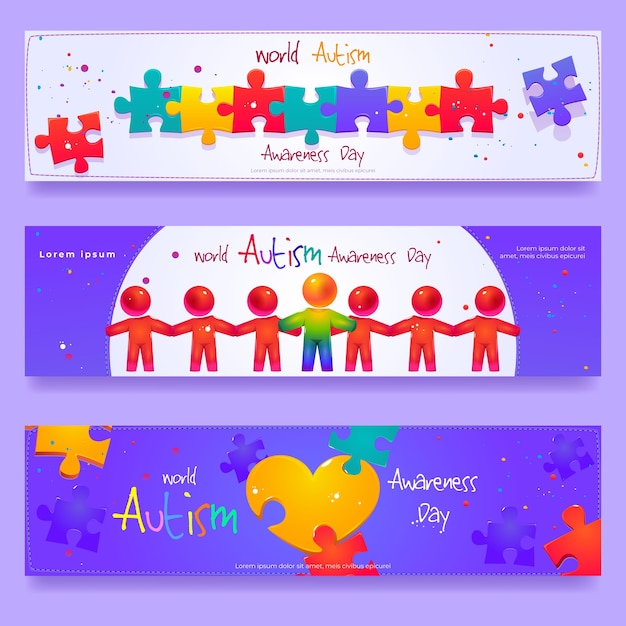 Cartoon world autism awareness day horizontal banner set