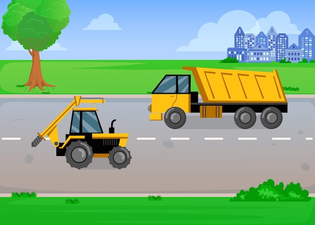 Cartoon yellow truck and tractor on road in summer