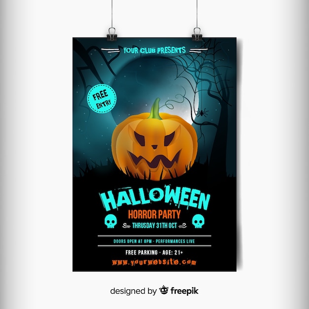 Free Vector carved orange angry pumpkin halloween party poster