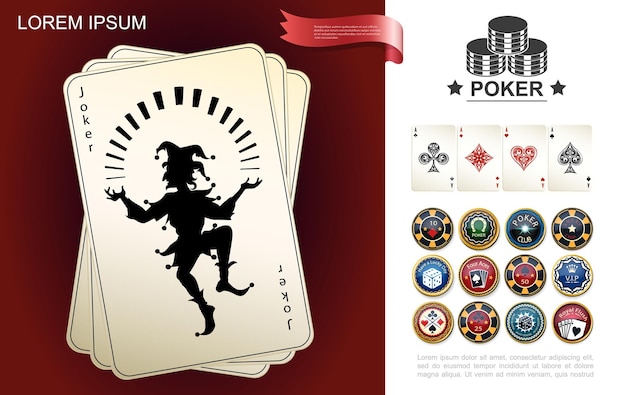 Casino and gambling composition with joker and aces playing cards poker chips in realistic style