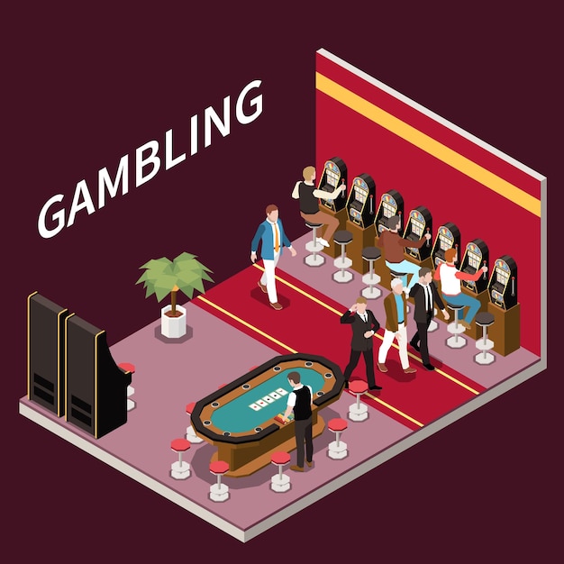 Free Vector casino gambling isometric concept with poker table and slot machines vector illustration