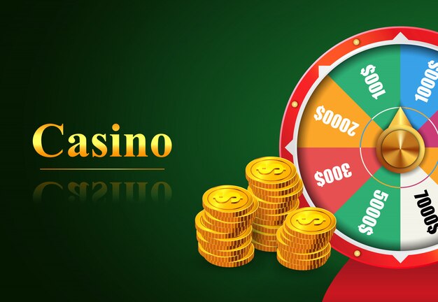 Casino lettering, wheel of fortune with money prizes bets and stacks of golden coins.