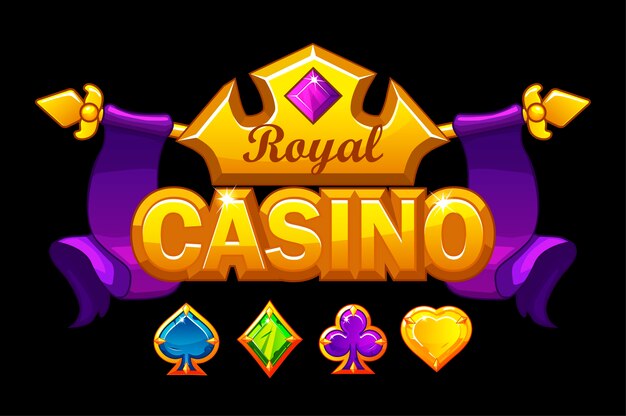 Casino logo with golden crown and treasure. Royal gambling background with precious stones game card symbols.